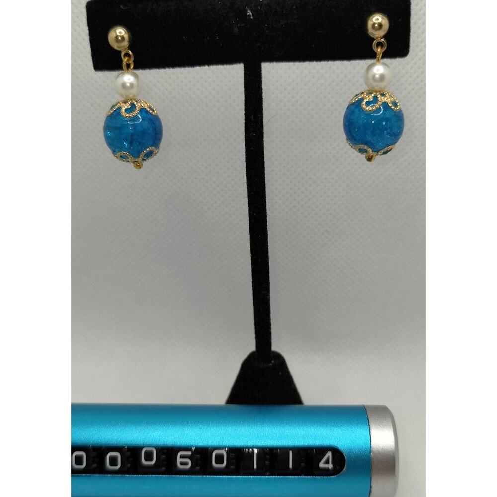 Stunning Blue Glass and Pearl Earrings